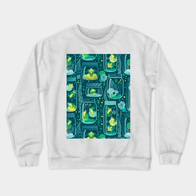 Glowing in the moss // pattern // teal background jars with lightning fireflies bugs quirky whimsical and bioluminescence lampyridae beetles Crewneck Sweatshirt by SelmaCardoso